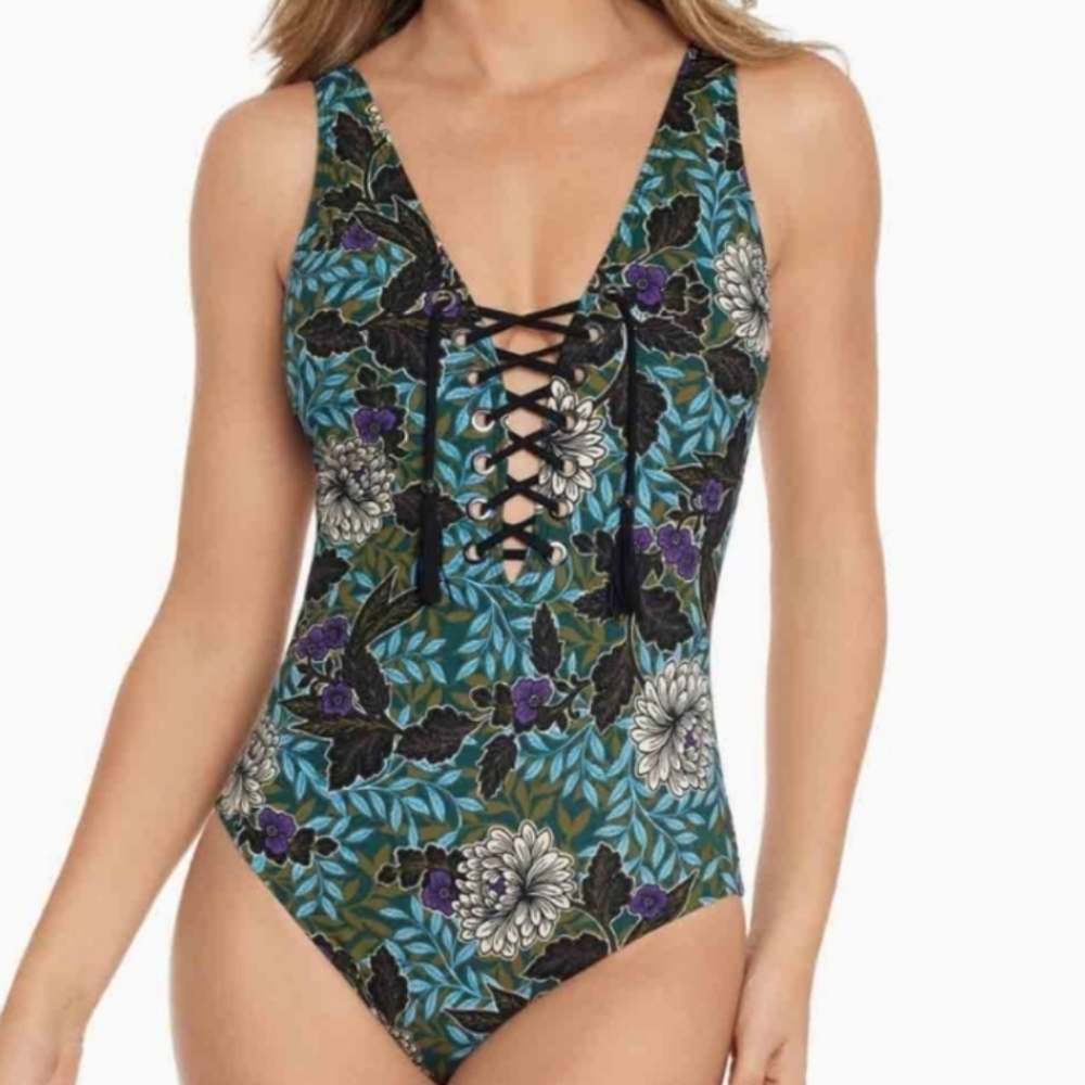 AMORESSA For MIRACLESUIT In Rhiannon Floral Lace-Up One-Piece Swimsuit 8 NWT